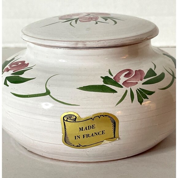 Vtg Hand-Painted French Rose Pottery Bowl with Lid Made in France White & Pink - Picture 10 of 10